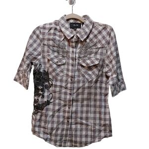 Miss Me Ladies Short Sleeve Western Snap Front Top- size M